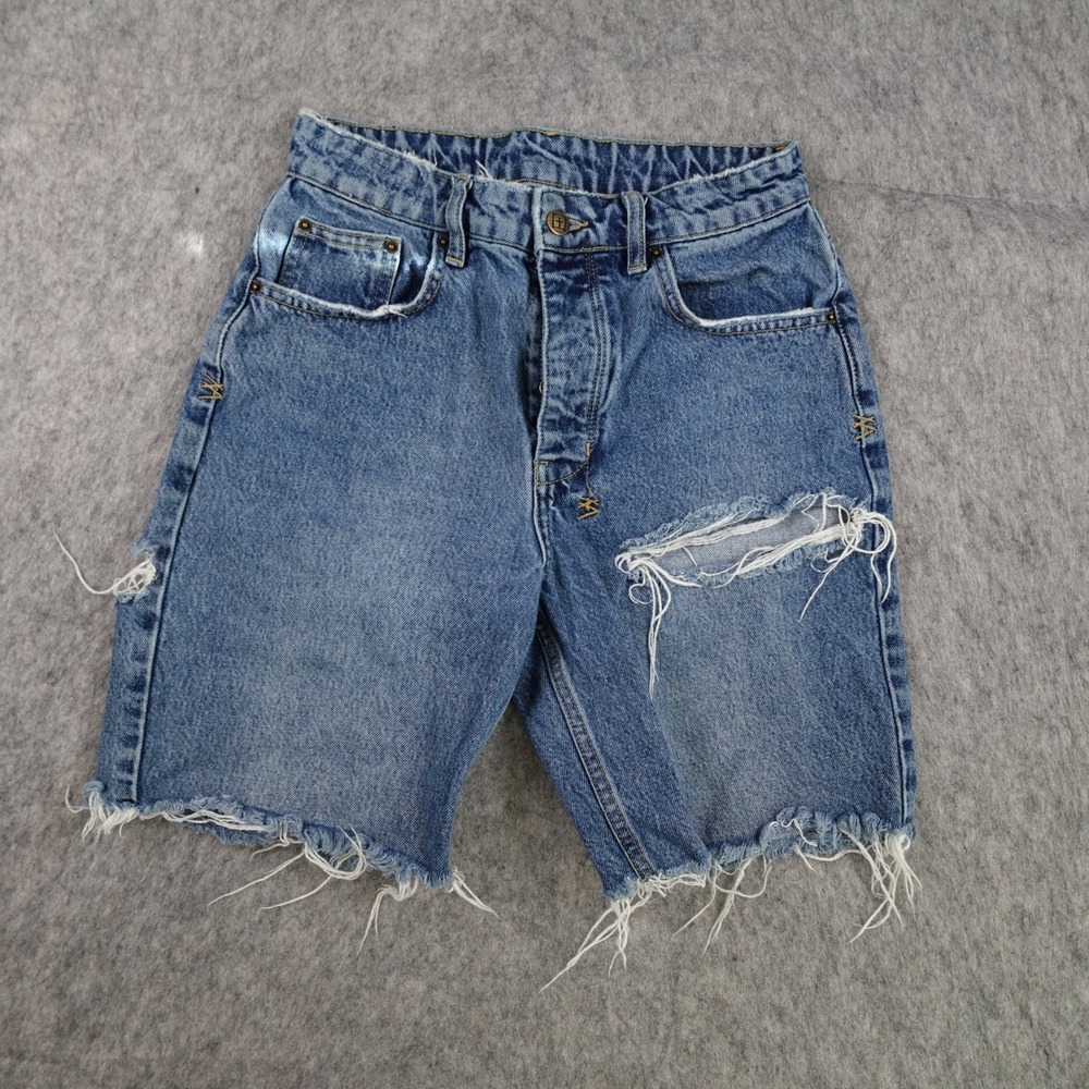 Ksubi Shorts Women 25 Blue Distressed High Waisted Raw Hem Denim Button Fly 7.5"